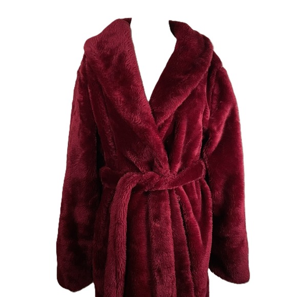 VTG Borg Fabric M Burgundy Faux Fur Robe Made in USA Plush Belted Long Lounge - Picture 7 of 14